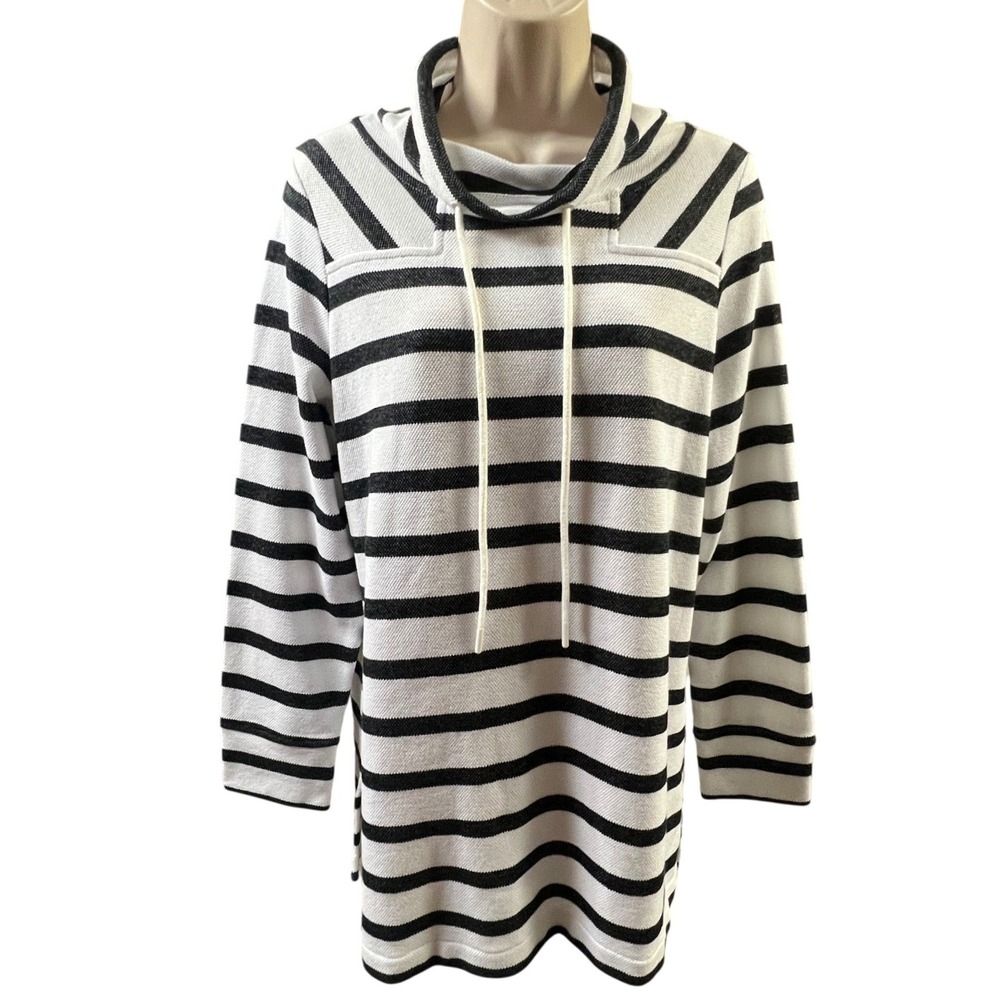 J Jill Fit Tunic Pullover Small Black White Striped Cowl Neck Cotton Knit‎ New